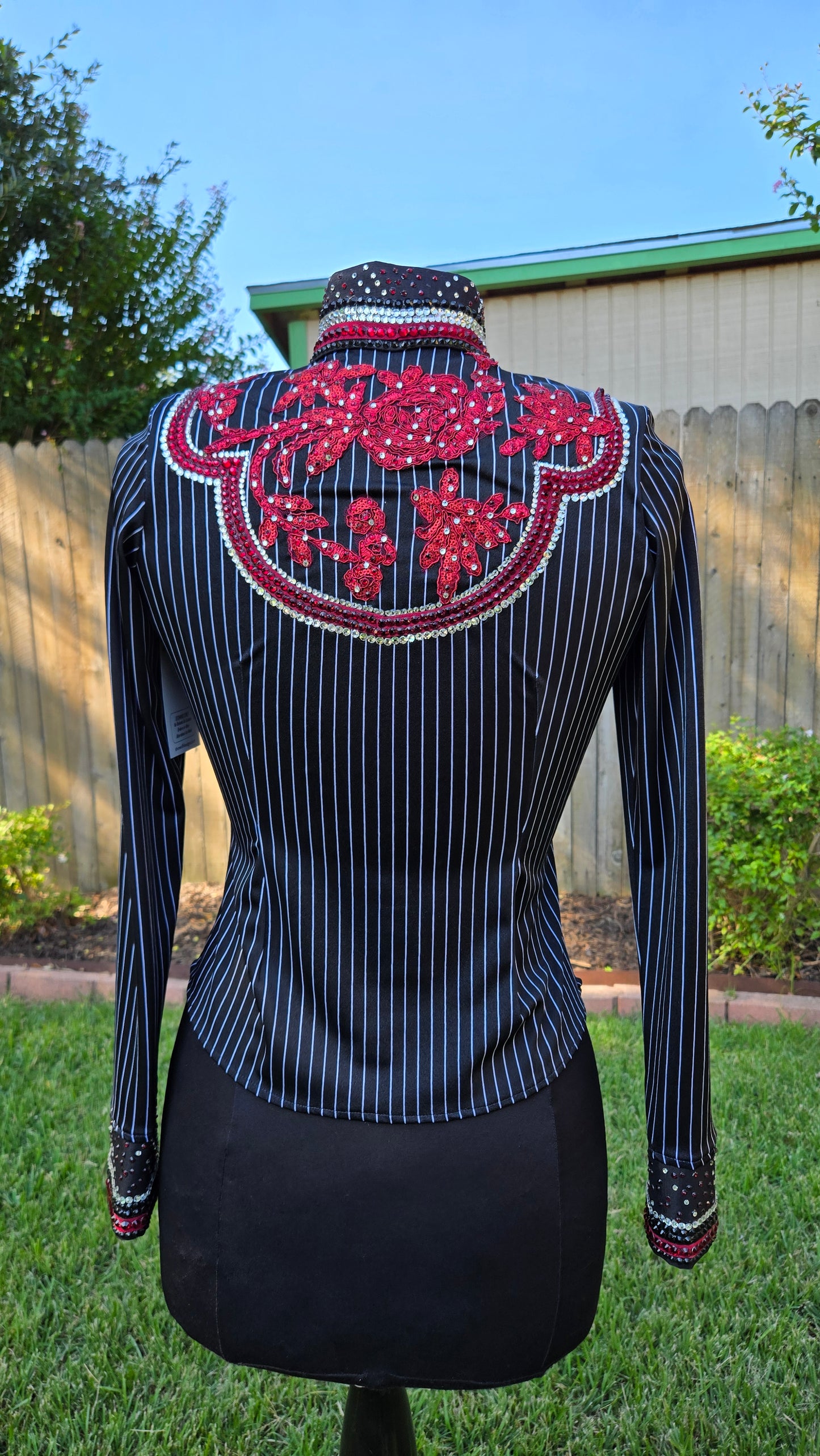 Extra Small Black Stretch Lycra Day Shirt with White Pin Stripes, Clear, Red, with Roses Design