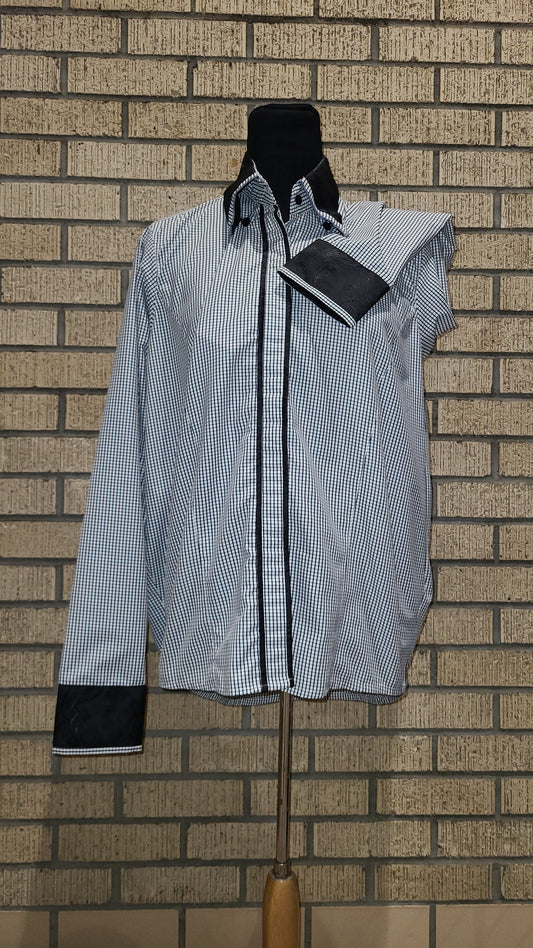 #Blkplaid western shirt size XL (42 bust) white and black plaid with black trims