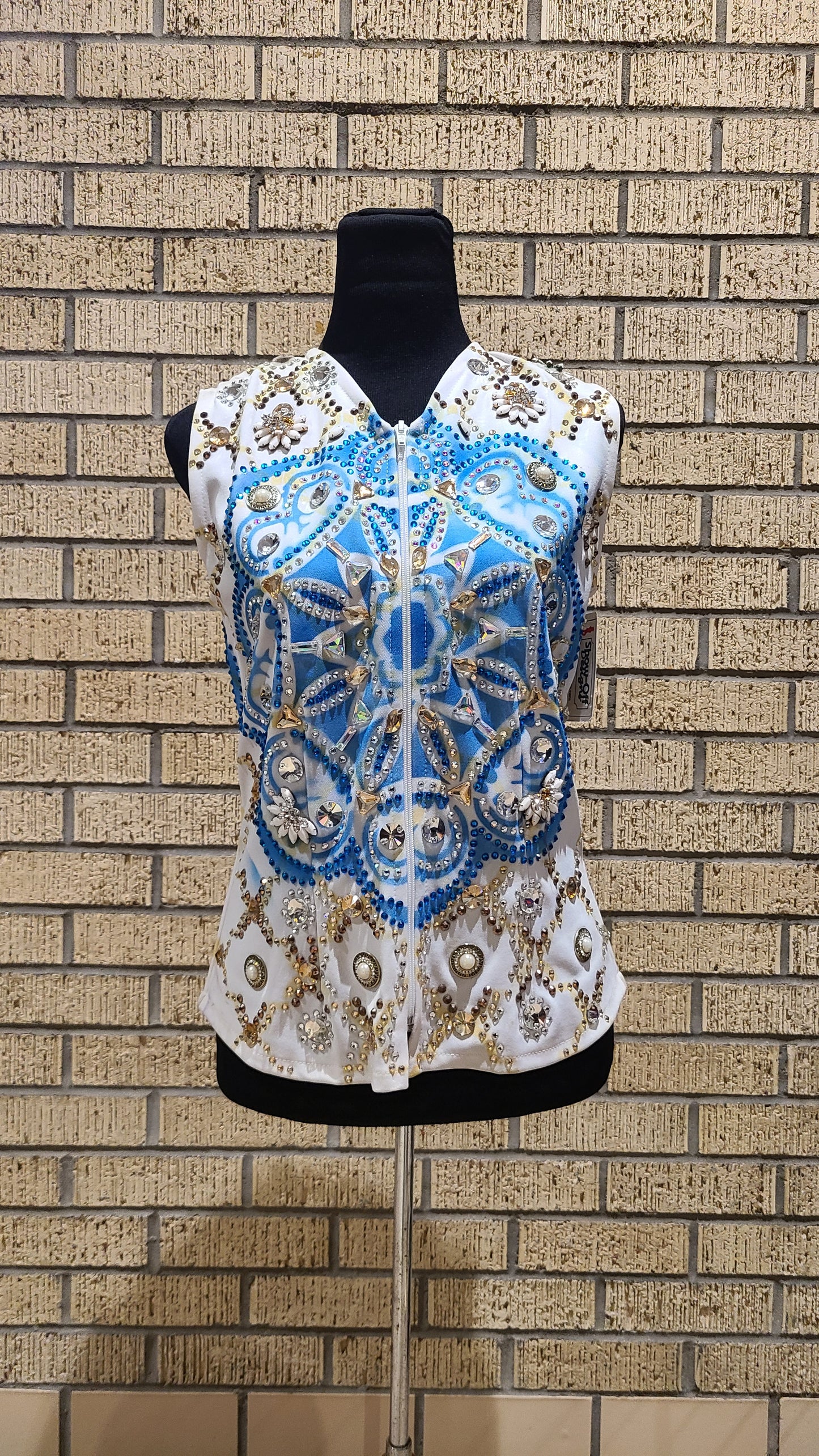 Size small white vest with blue and gold accents. Airbrushed design. STUNNING!