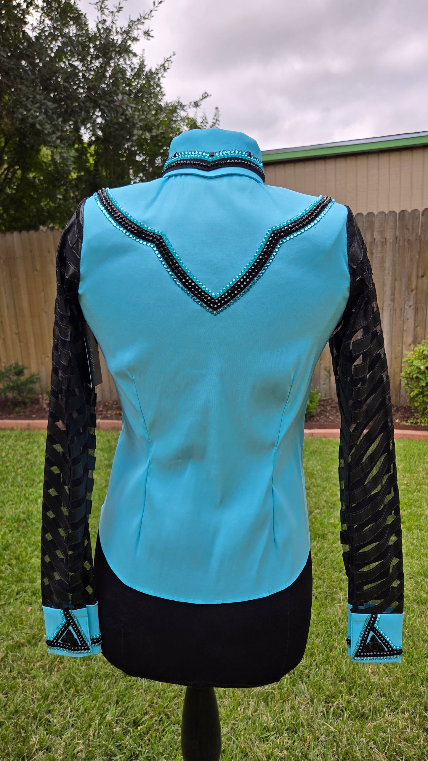 Small Soft Turquoise Stretch Taffeta Day Shirt with black and lace sleeves