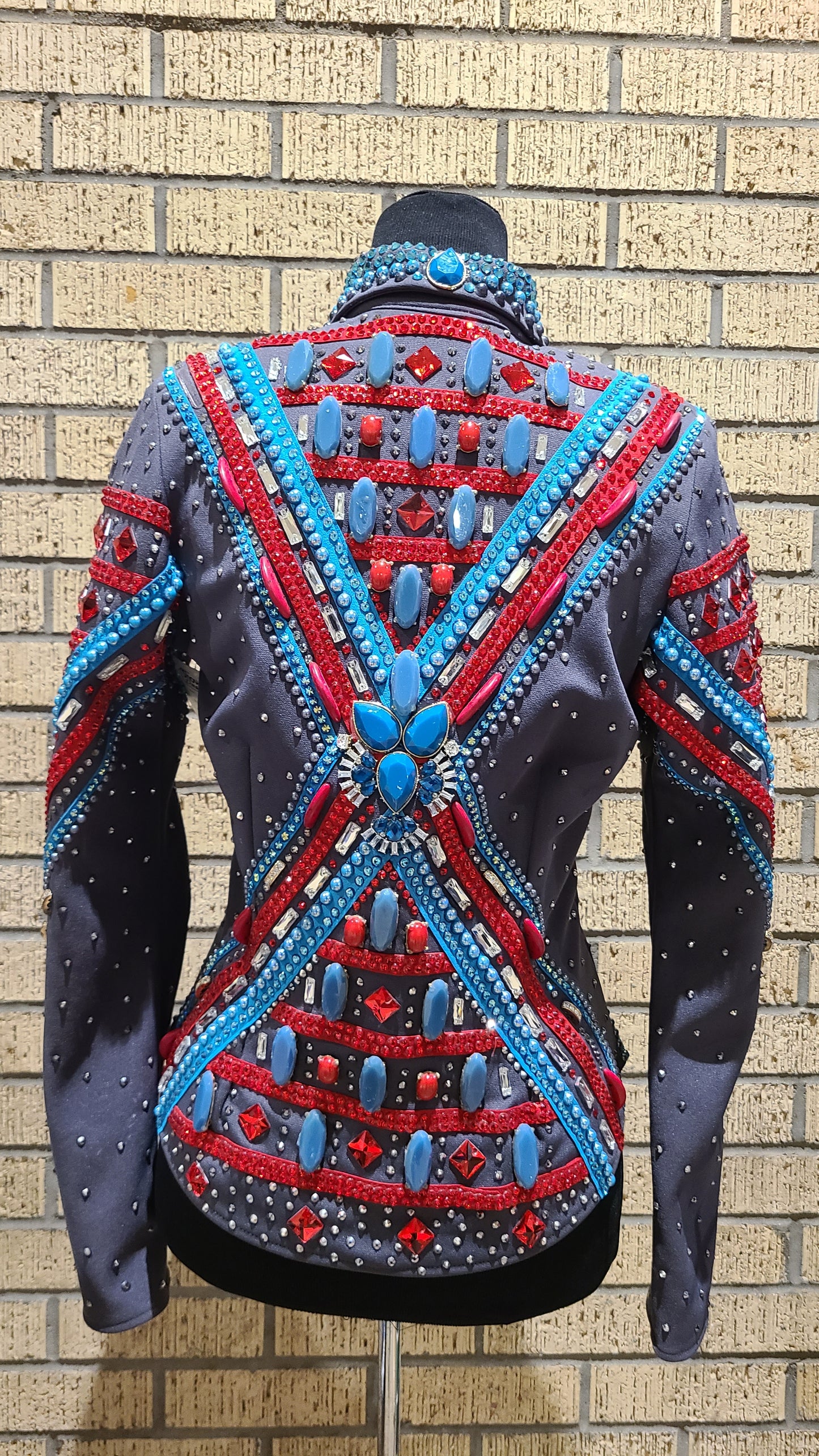 Grey showmanship/riding jacket with red and soft  turquoise