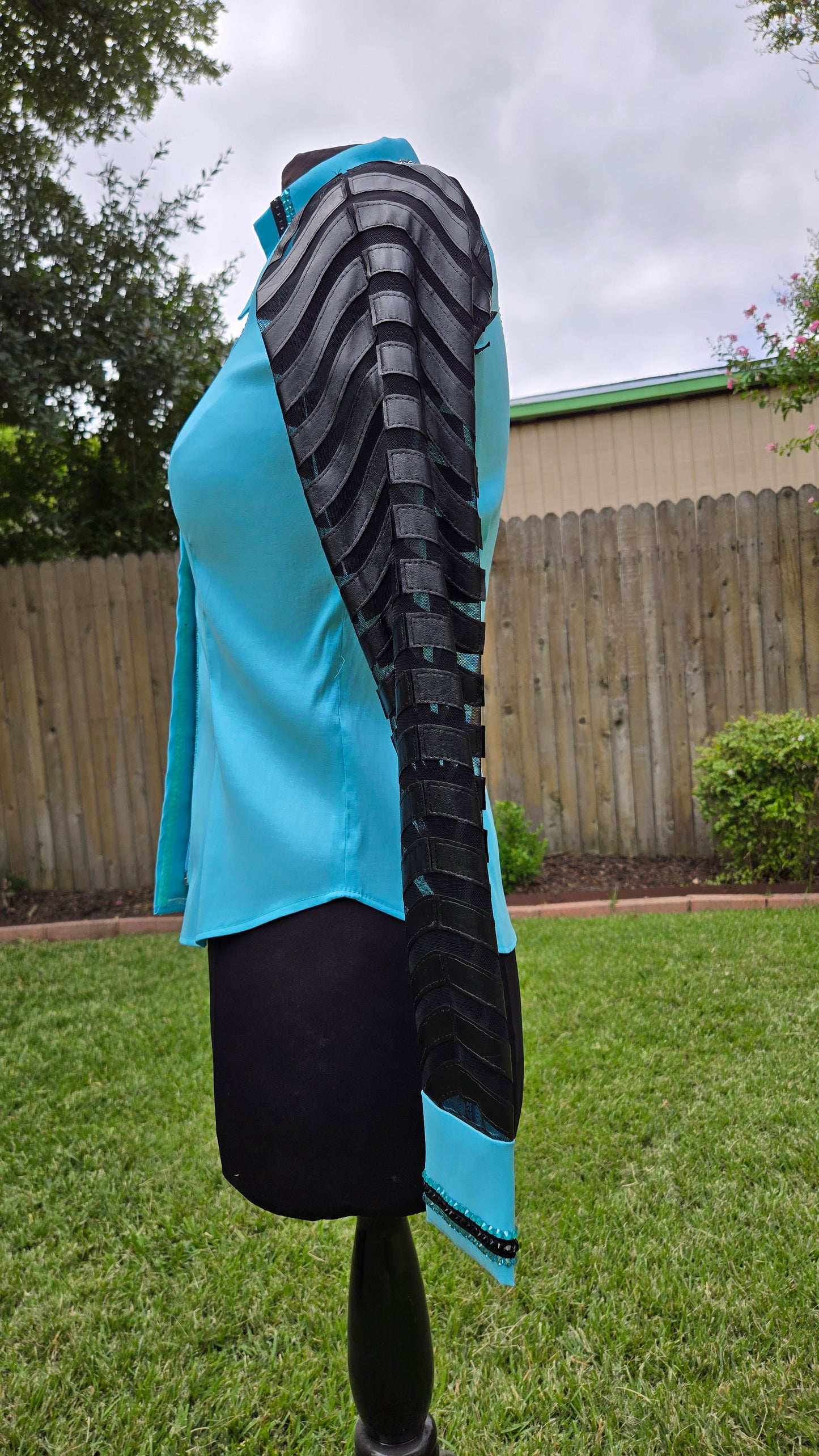 Small Soft Turquoise Stretch Taffeta Day Shirt with black and lace sleeves