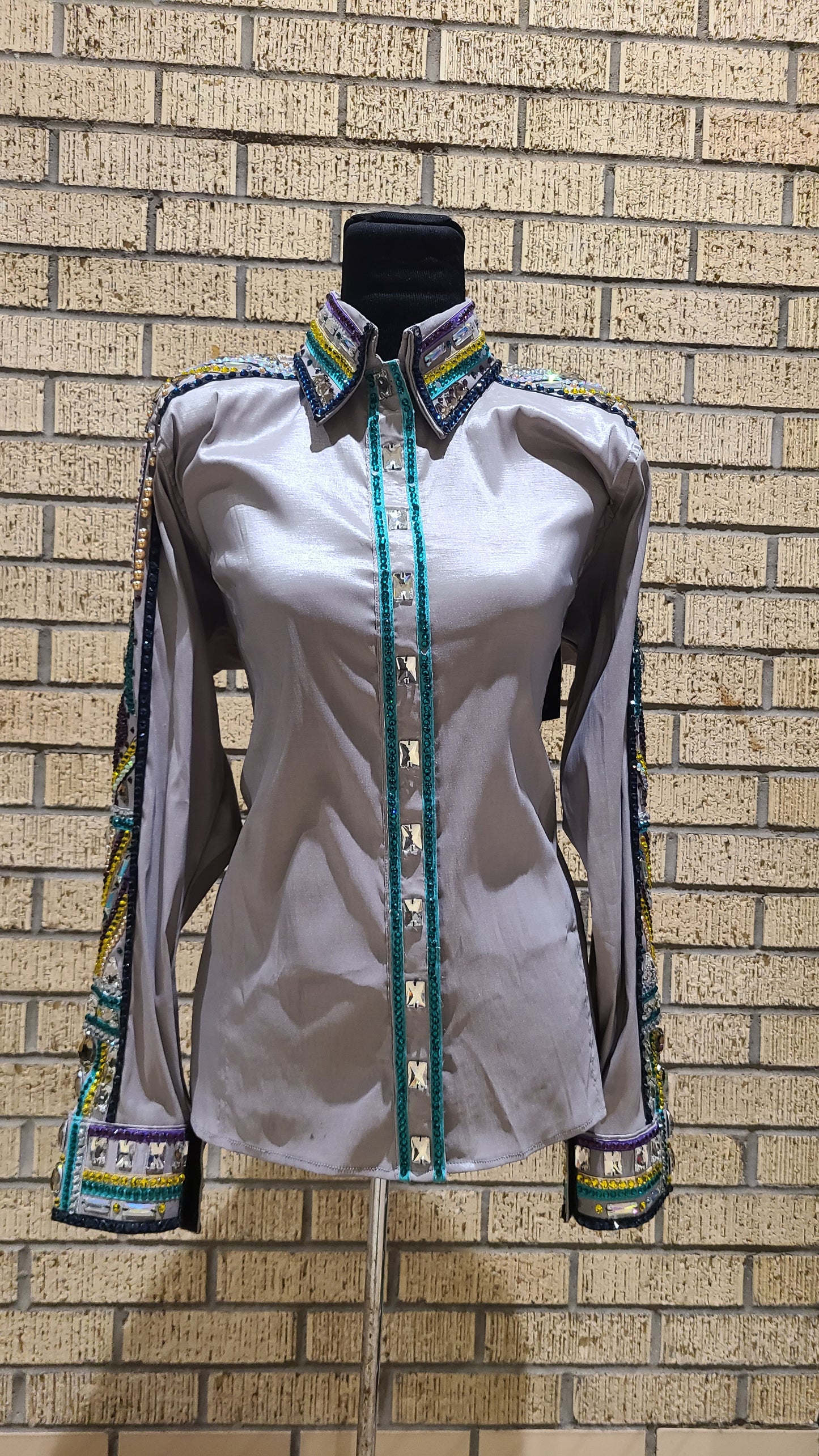 Size XXL Grey Day Shirt hidden zipper stretch taffeta with turquoise, purple and yellow accents