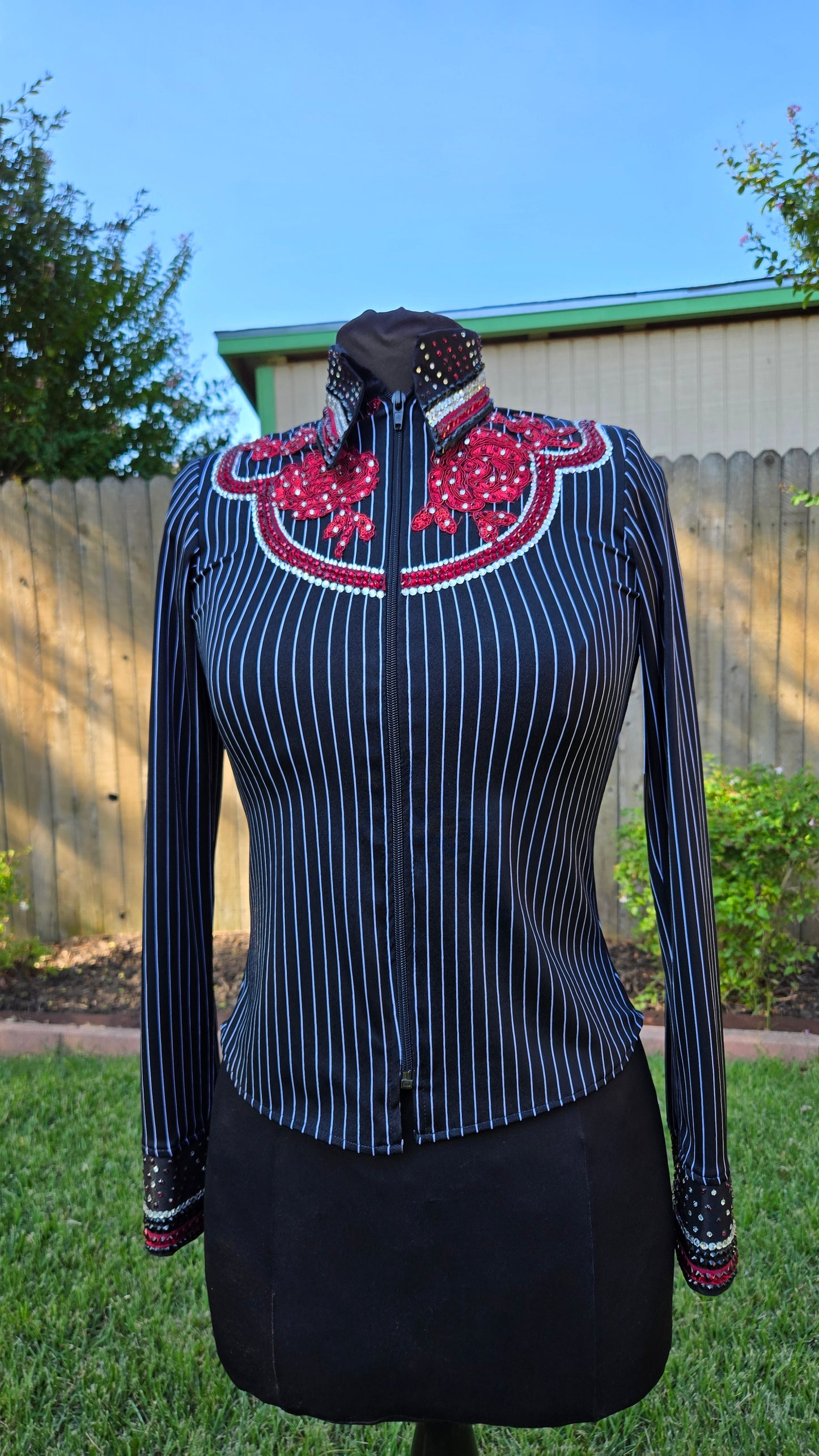 Extra Small Black Stretch Lycra Day Shirt with White Pinstripes, Clear, Red, with Roses Design