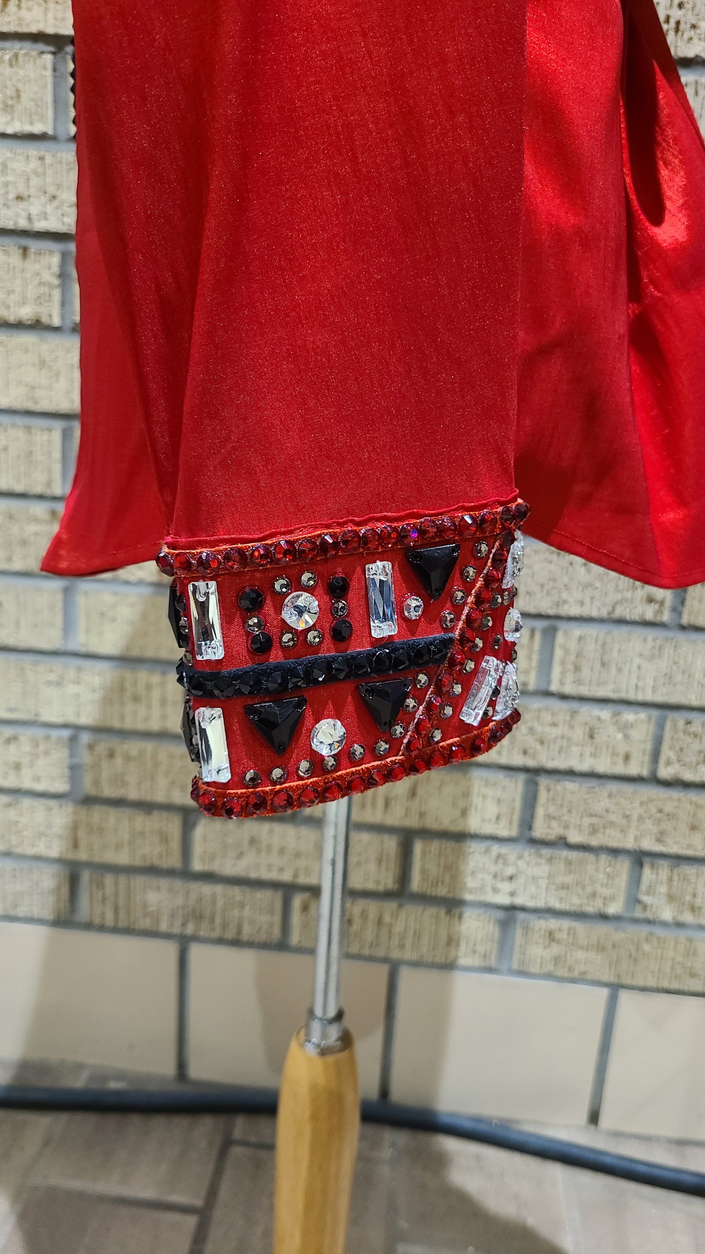 Size Extra Large red taffeta day shirt with black and silver accents