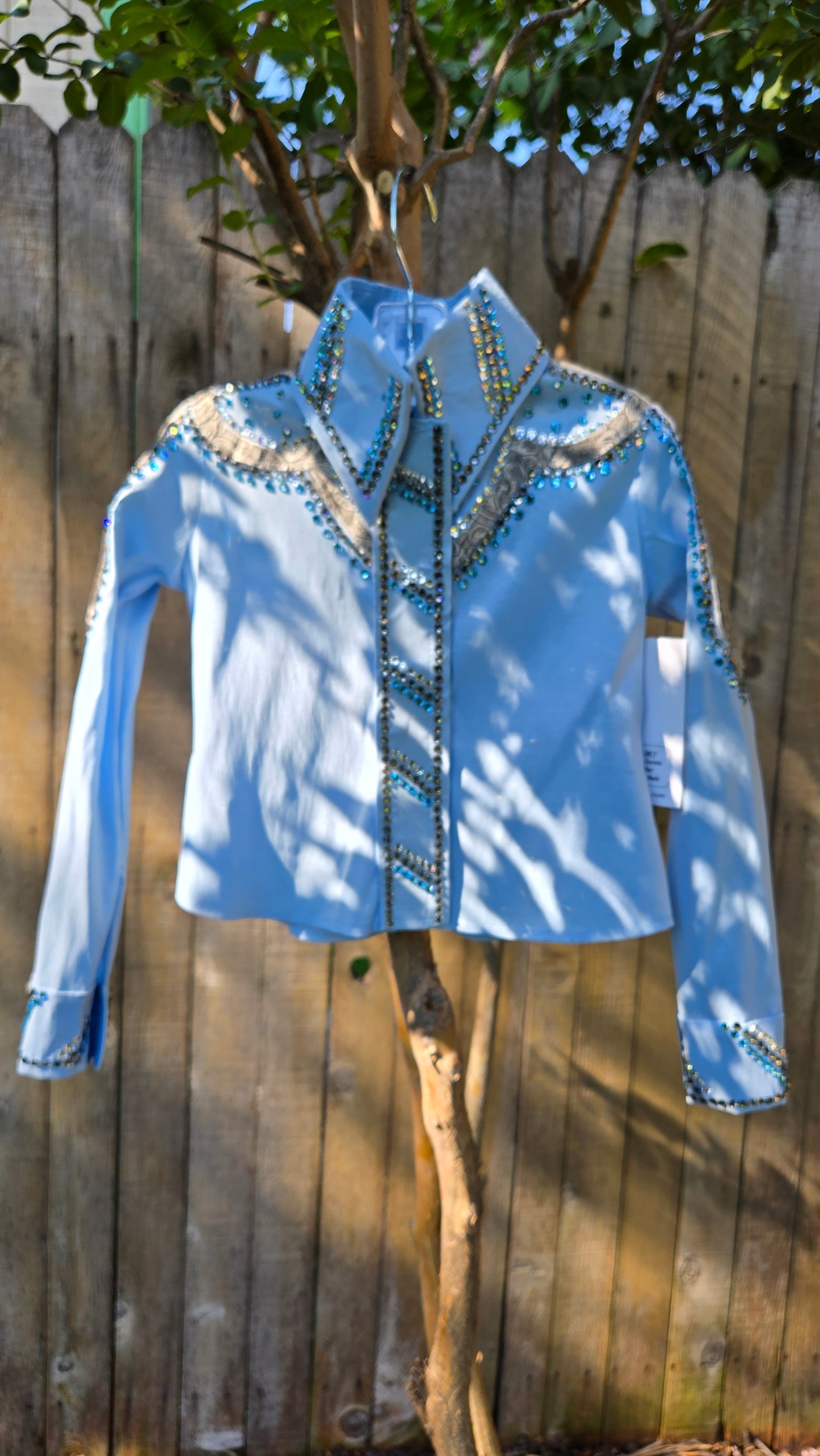 Kids 4 Crystal Ice Blue Stretch Taffeta Day Shirt Clear, and Matte Metallic Silver with paisley texture pattern