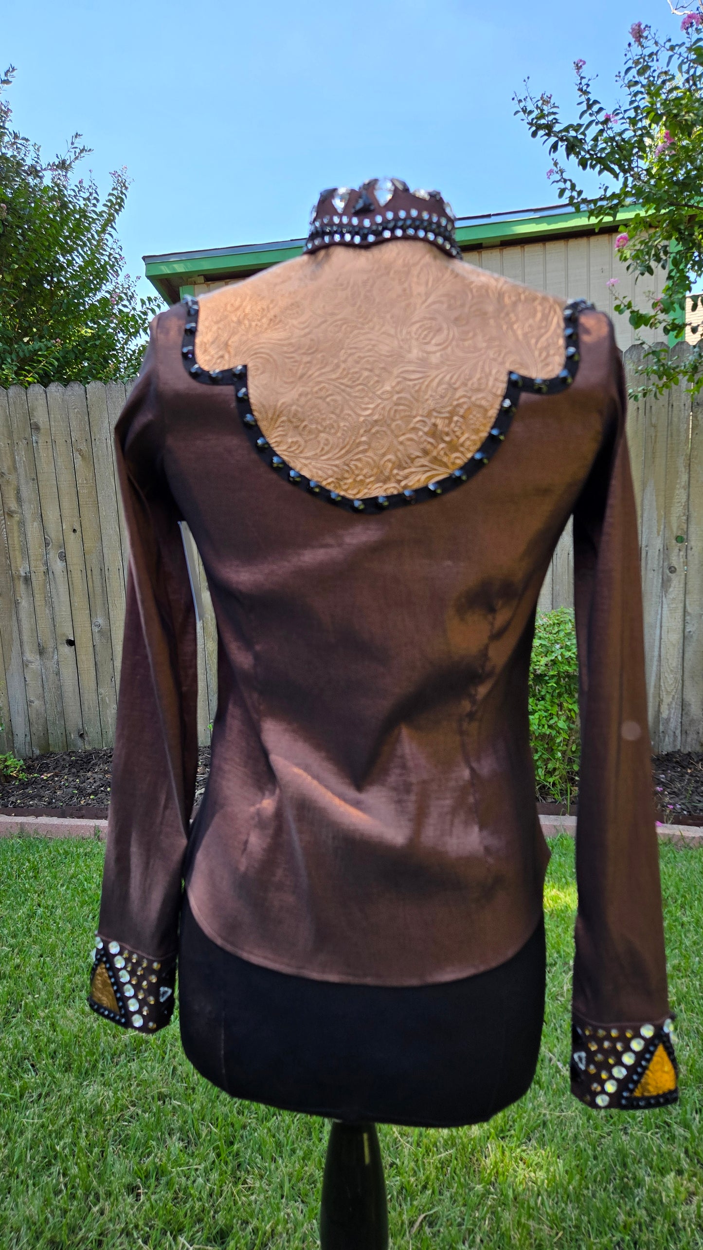 Small Chocolate Brown Stretch Taffeta Day Shirt with black, brown gold, clear, gold paisley pattern