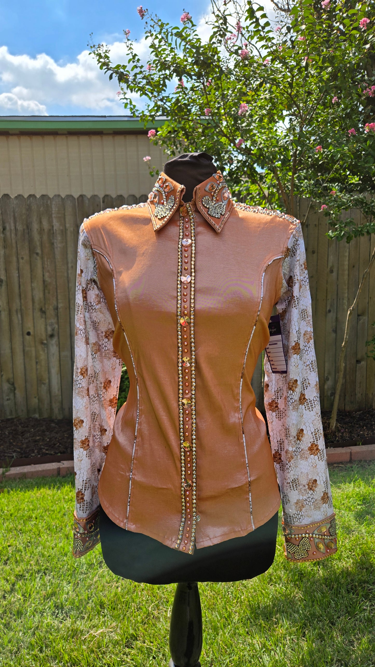 Extra Large Copper Stretch Taffeta Day Shirt with peach, white, silver and Lycra sleeves