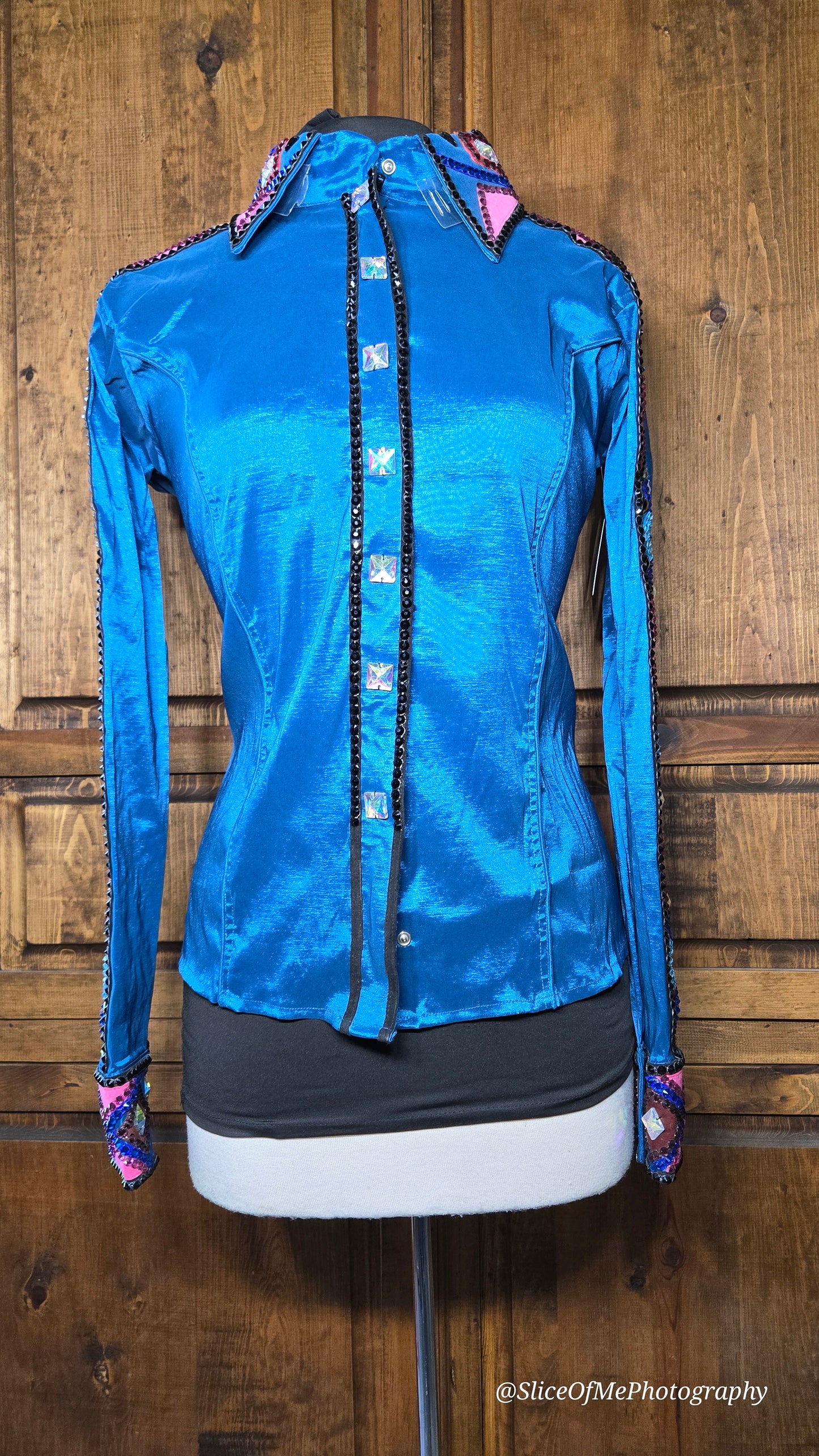 XL stretch taffeta Show Teal day shirt with hot pink, royal blue, copper, show red, citrine black