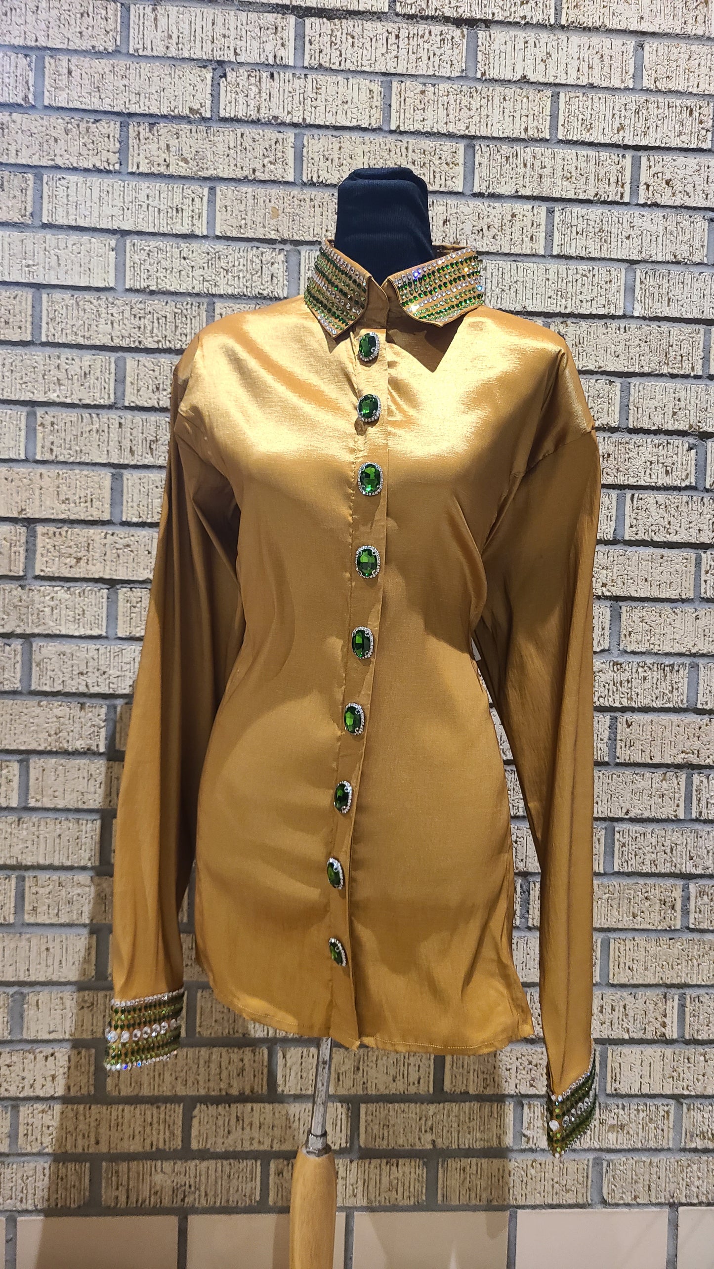 5XL Gold Shirt hidden zipper stretch taffeta with green and silver