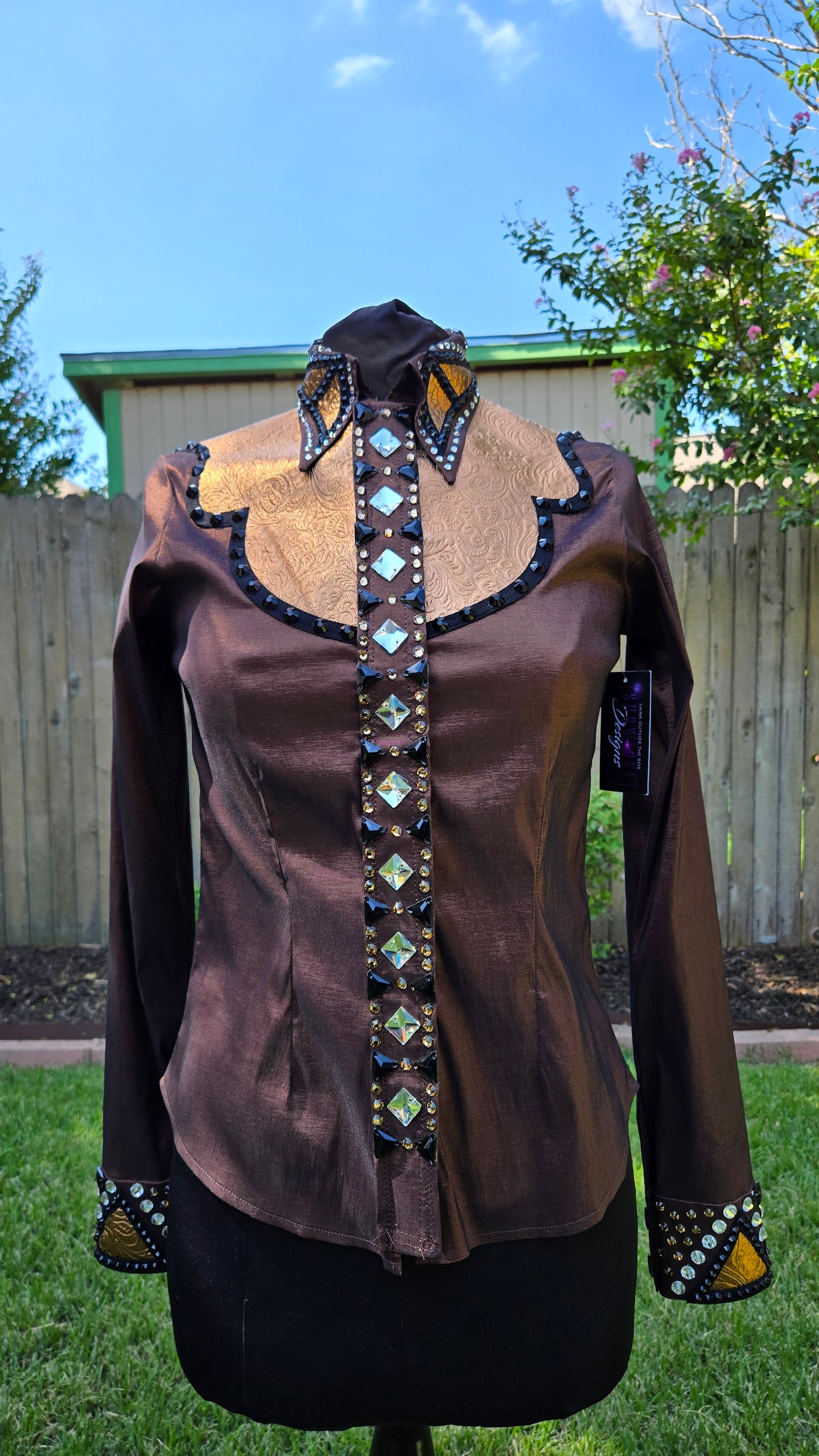 Small Chocolate Brown Stretch Taffeta Day Shirt with black, brown gold, clear, gold paisley pattern