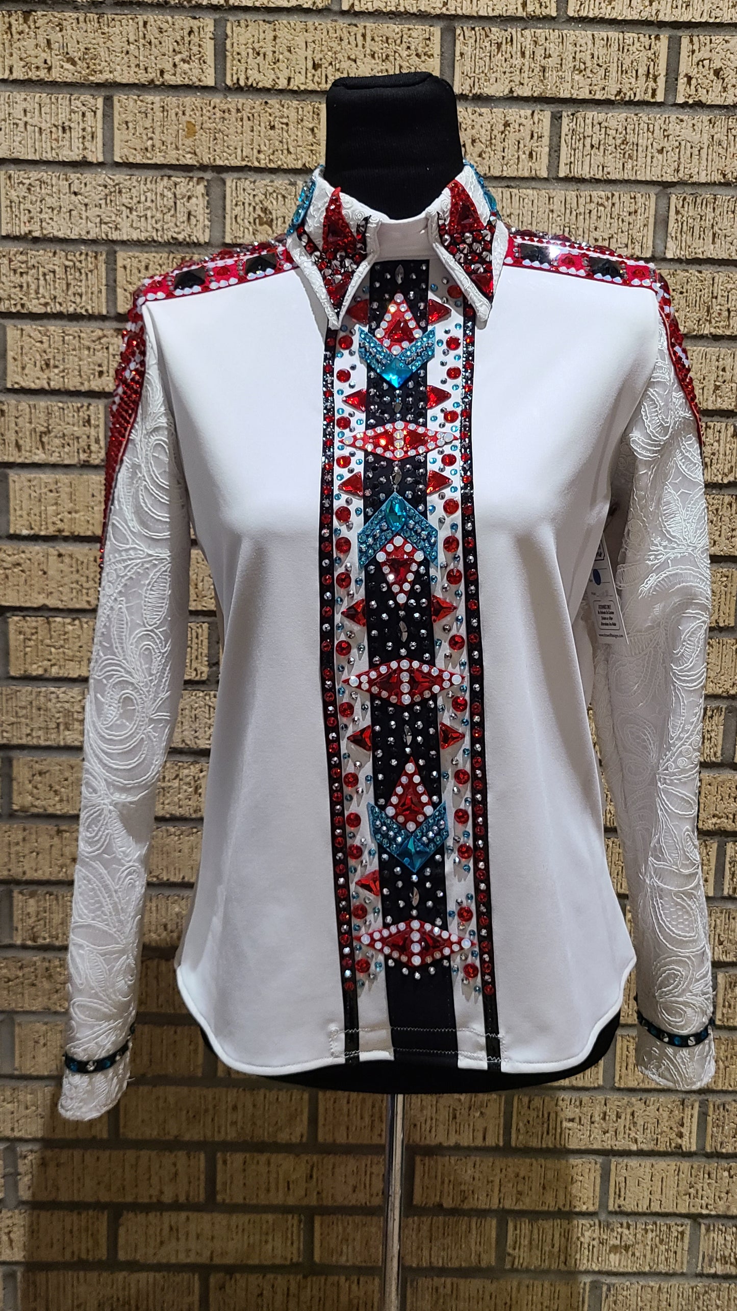 Size medium white backzip day shirt with black red and blue