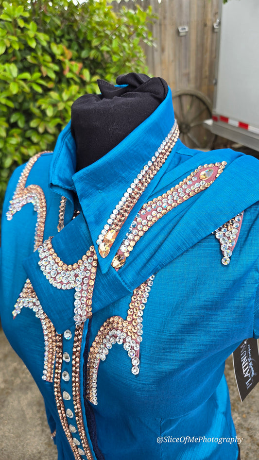 Size Large Turquoise stretch taffeta retro design with rose gold and clear stones