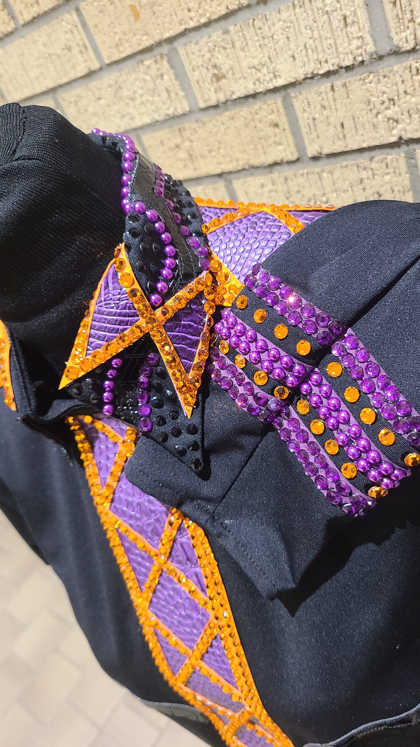 Size Large black day shirt stretch taffeta with purple and orange accents