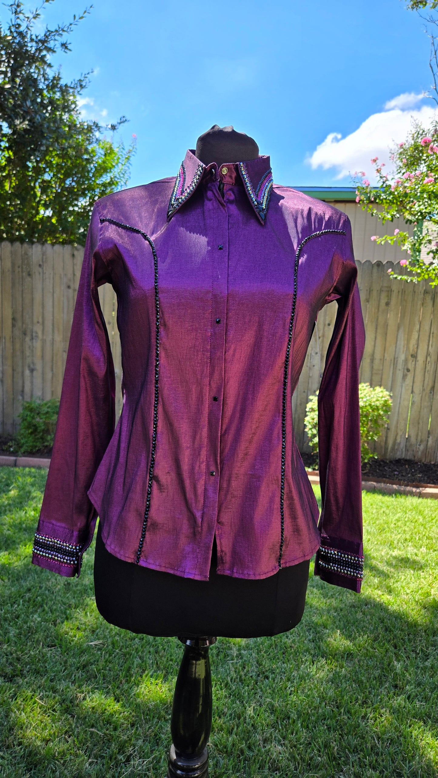 Medium Dark Purple Stretch Taffeta Day Shirt with black, and fuchsia