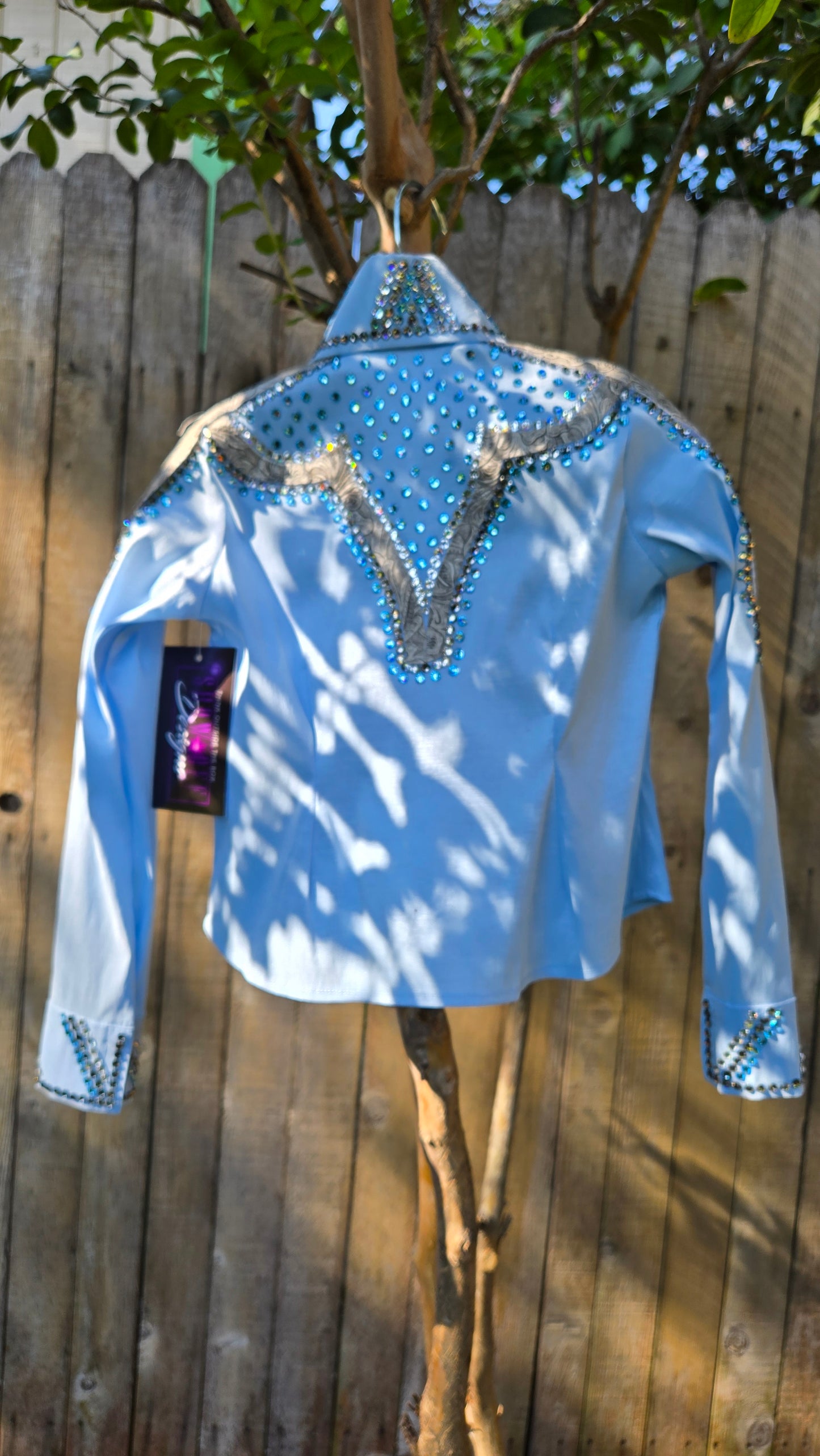 Kids 4 Crystal Ice Blue Stretch Taffeta Day Shirt Clear, and Matte Metallic Silver with paisley texture pattern