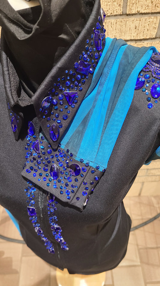Black stretch fabric blue and black sleeves. STUNNING!!!!!!!!!!!!!!!!!!