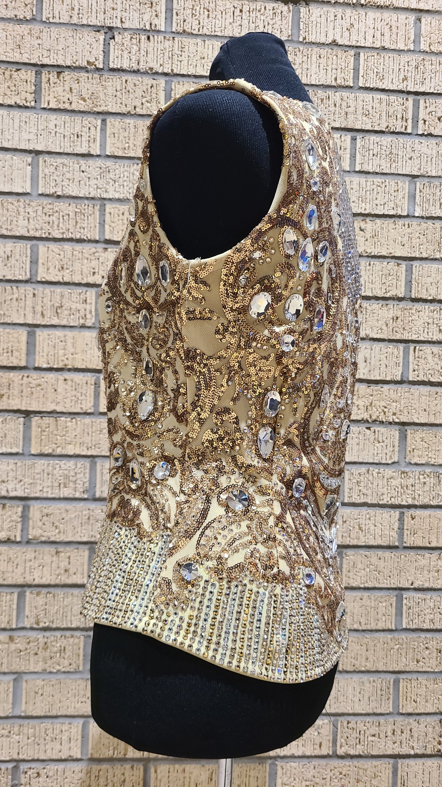 Size small gold sequin vest with clear crystals