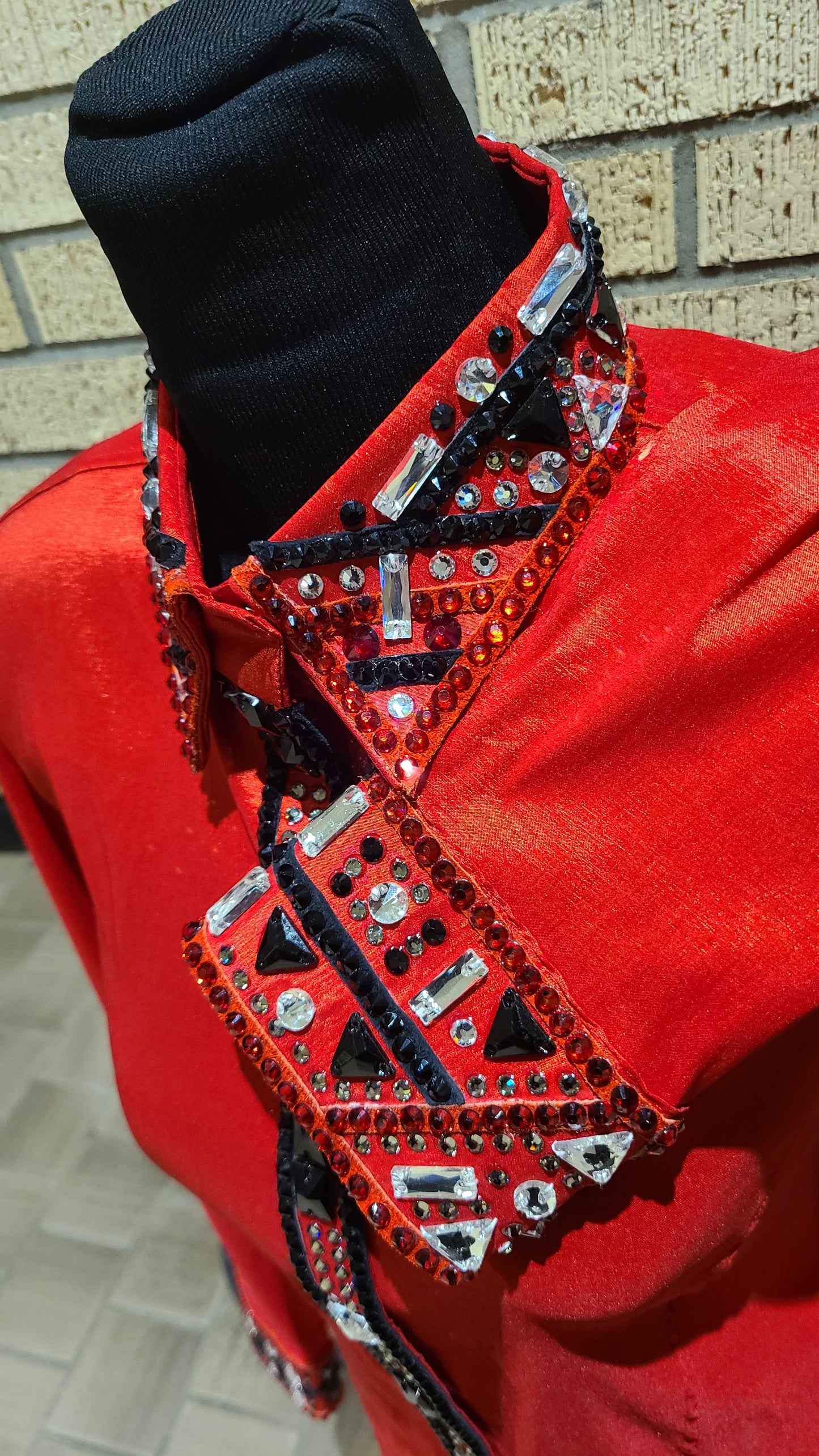 Size Extra Large red taffeta day shirt with black and silver accents