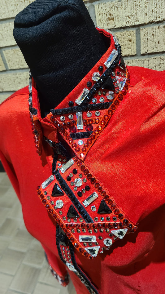 Size Extra Large red taffeta day shirt with black and silver accents