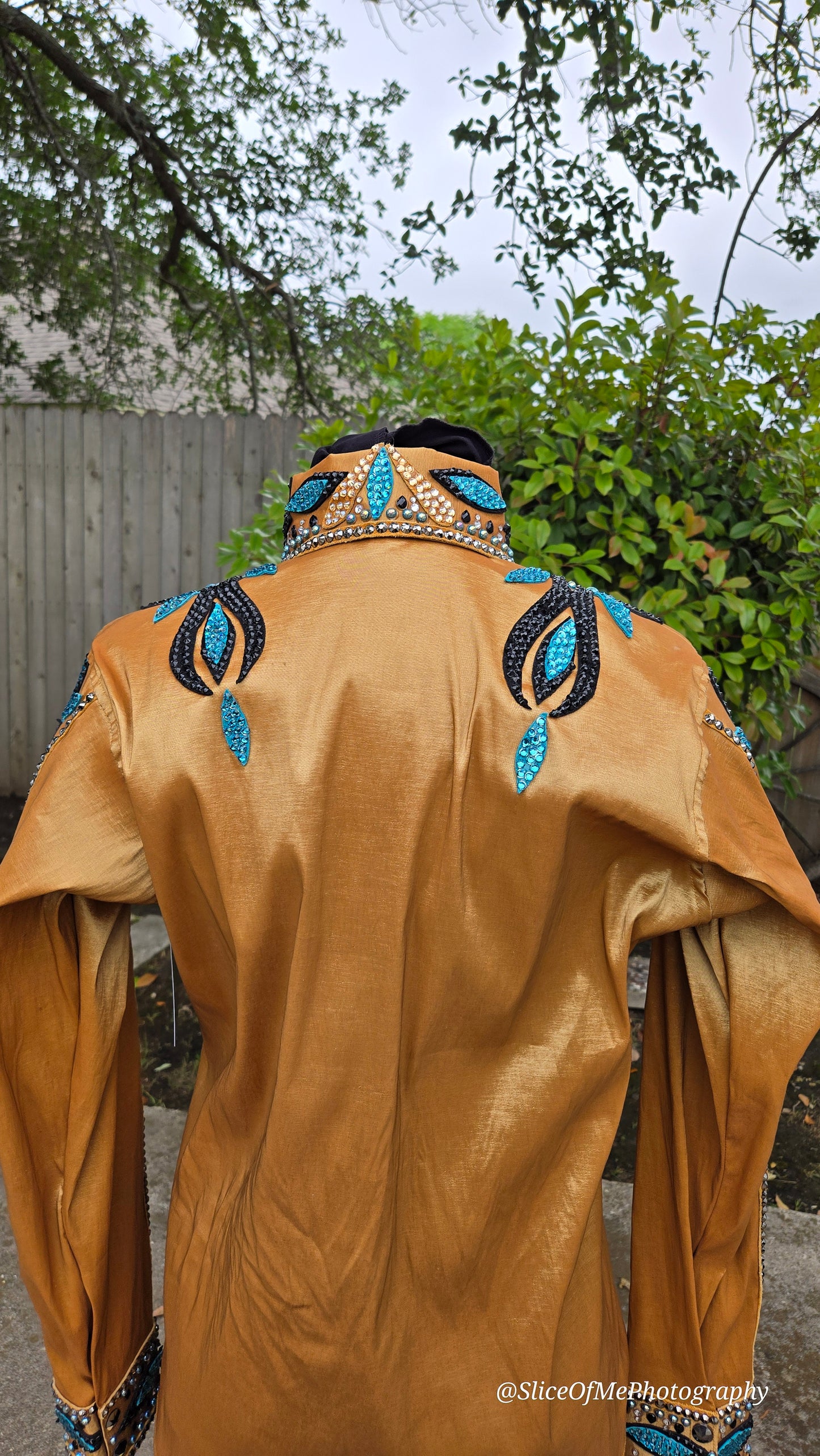 XL Day Shirt Gold stretch taffeta with turquoise, black and silver