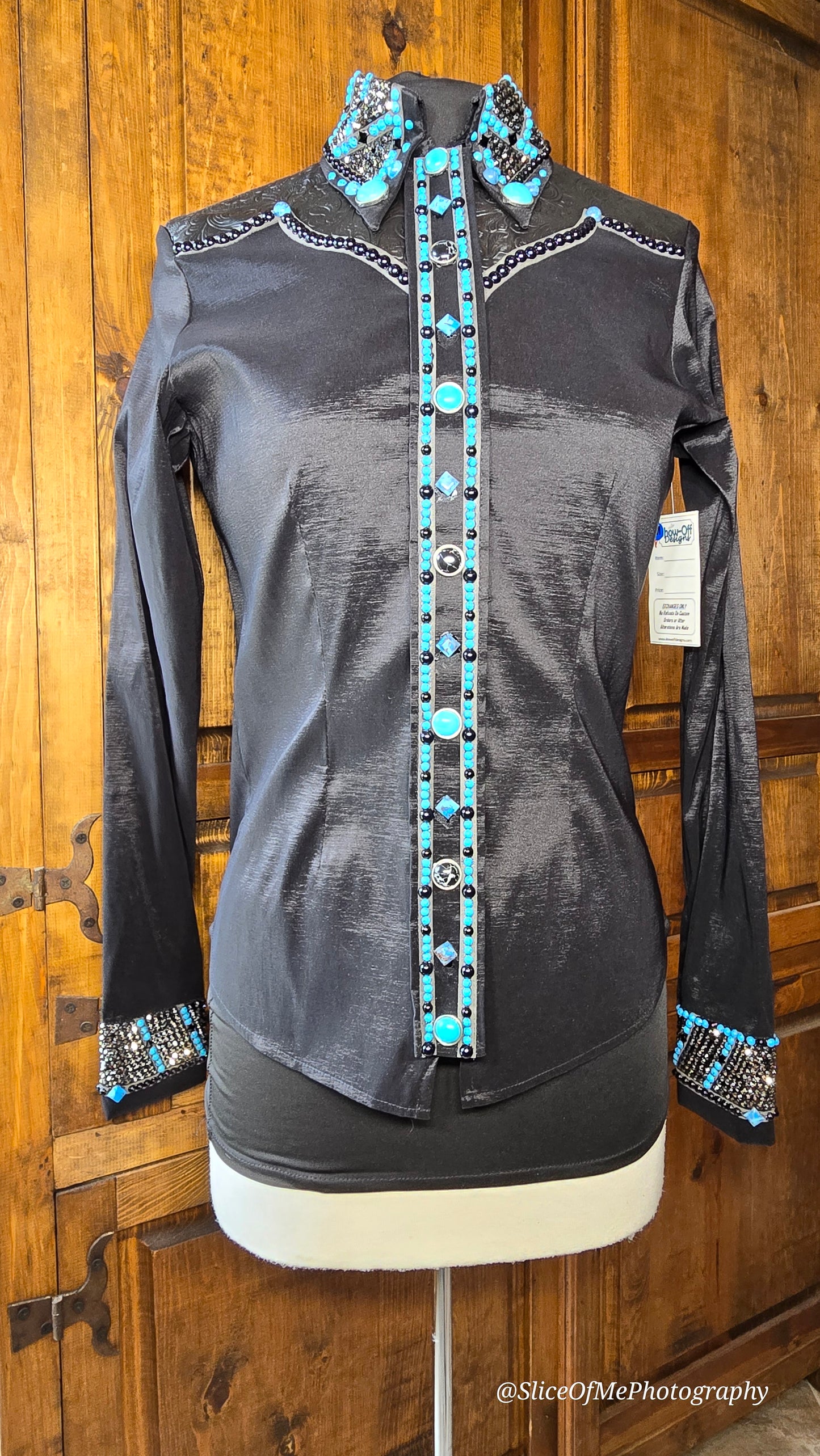 Medium Stretch Taffeta Black Day Shirt with turquois, matte metallic silver and leather texture