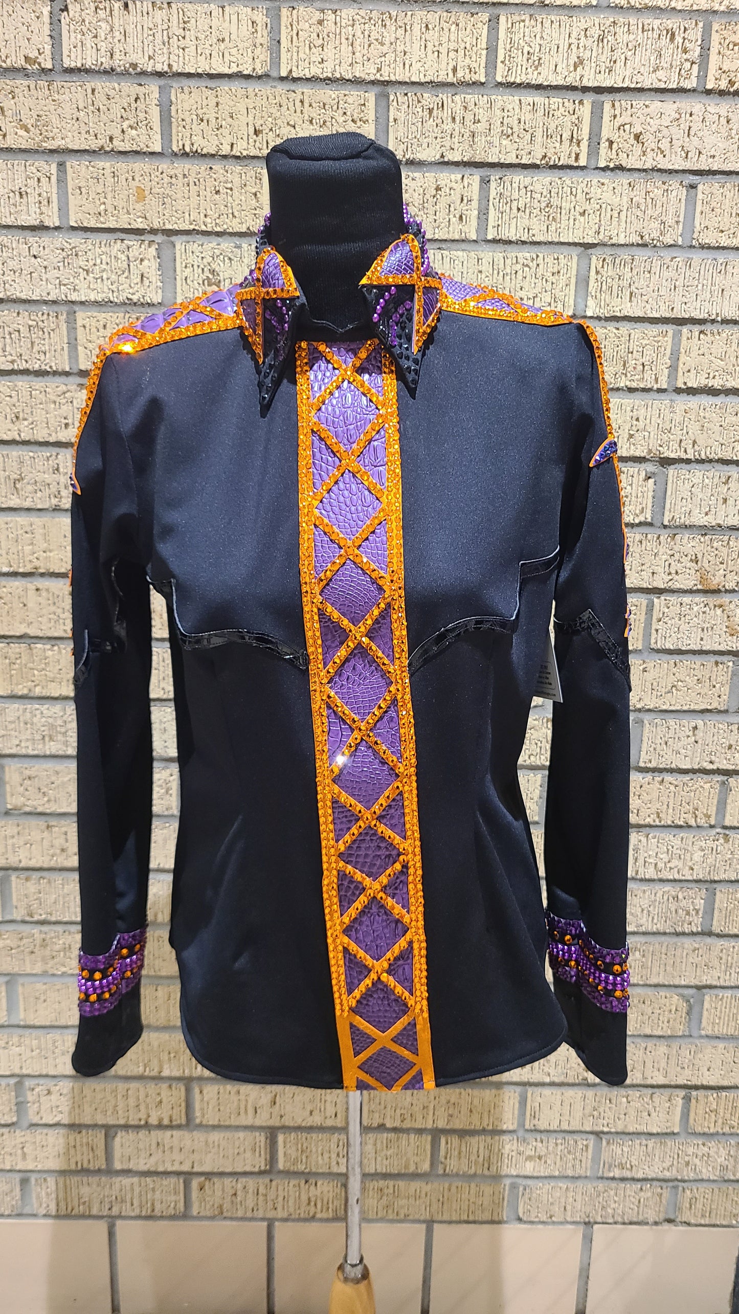 Size Large black day shirt stretch taffeta with purple and orange accents