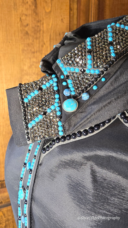 Medium Stretch Taffeta Black Day Shirt with turquois, matte metallic silver and leather texture